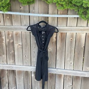 High Neck, Laced w/ Buttons and Tie Black Dress